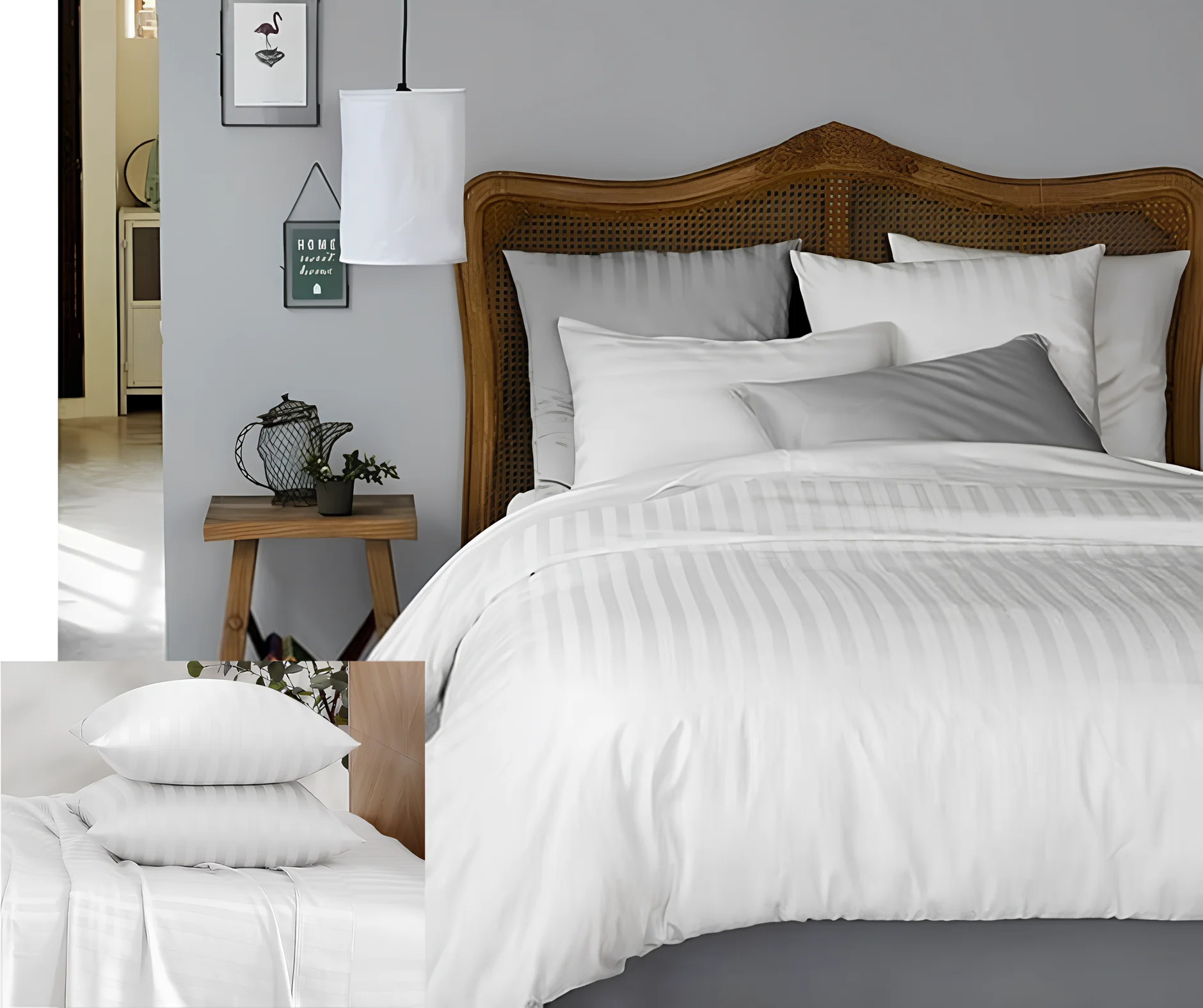 Strip Egyptian Cotton -Bed Sheet Set King Size + 2 Pillows+Side Pillow Cover)