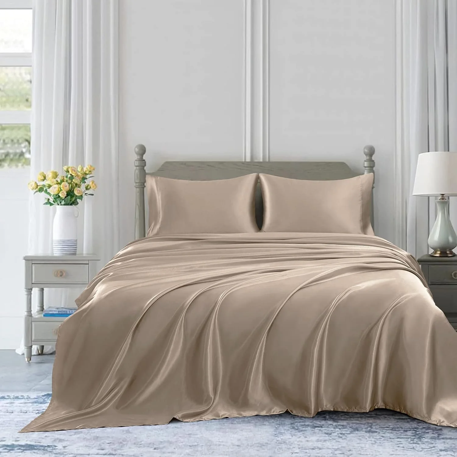 4 Pcs Satin Silk Bed Set (sand beige)